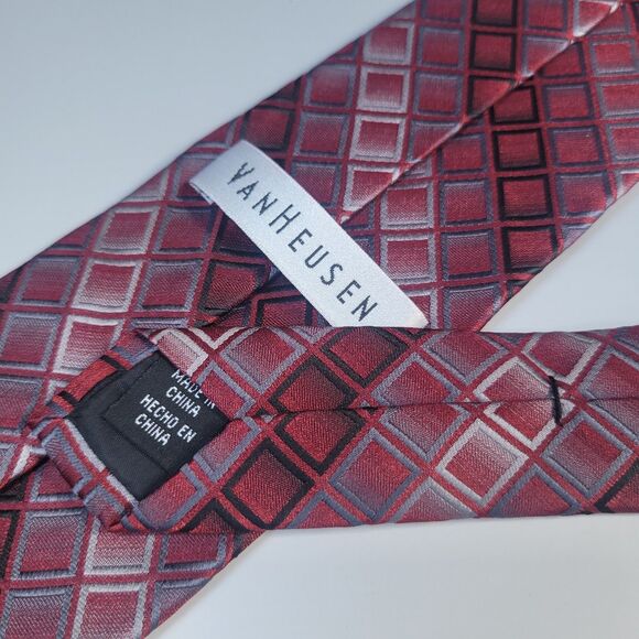 Van Heusen Red black grey stripe geometric squares polyester tie slim - Picture 5 of 8
